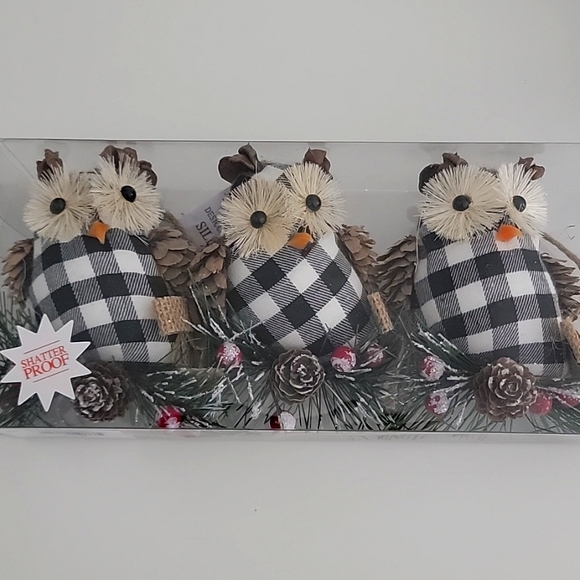 Other - New Owl Farmhouse Rustic Buffalo Plaid Christmas Ornaments Black & White
